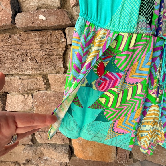 Hale Bob M Women Teal Green Geometric Floral Halter Romper Boho Summer Vacation - Picture 7 of 14